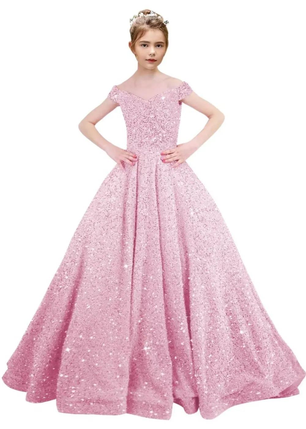 Girls Off Shoulder Sequin Ball Gown Pageant Dress