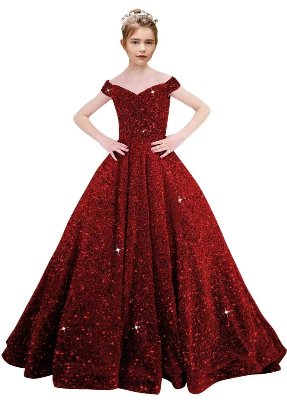 Girls Off Shoulder Sequin Ball Gown Pageant Dress