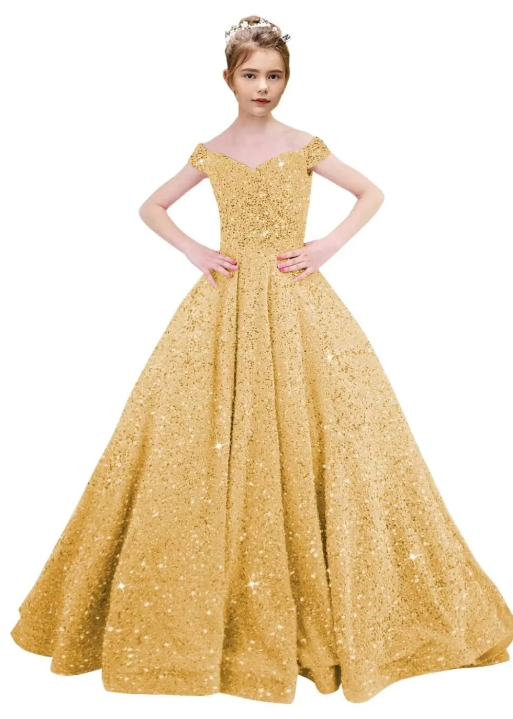 Girls Off Shoulder Sequin Ball Gown Pageant Dress