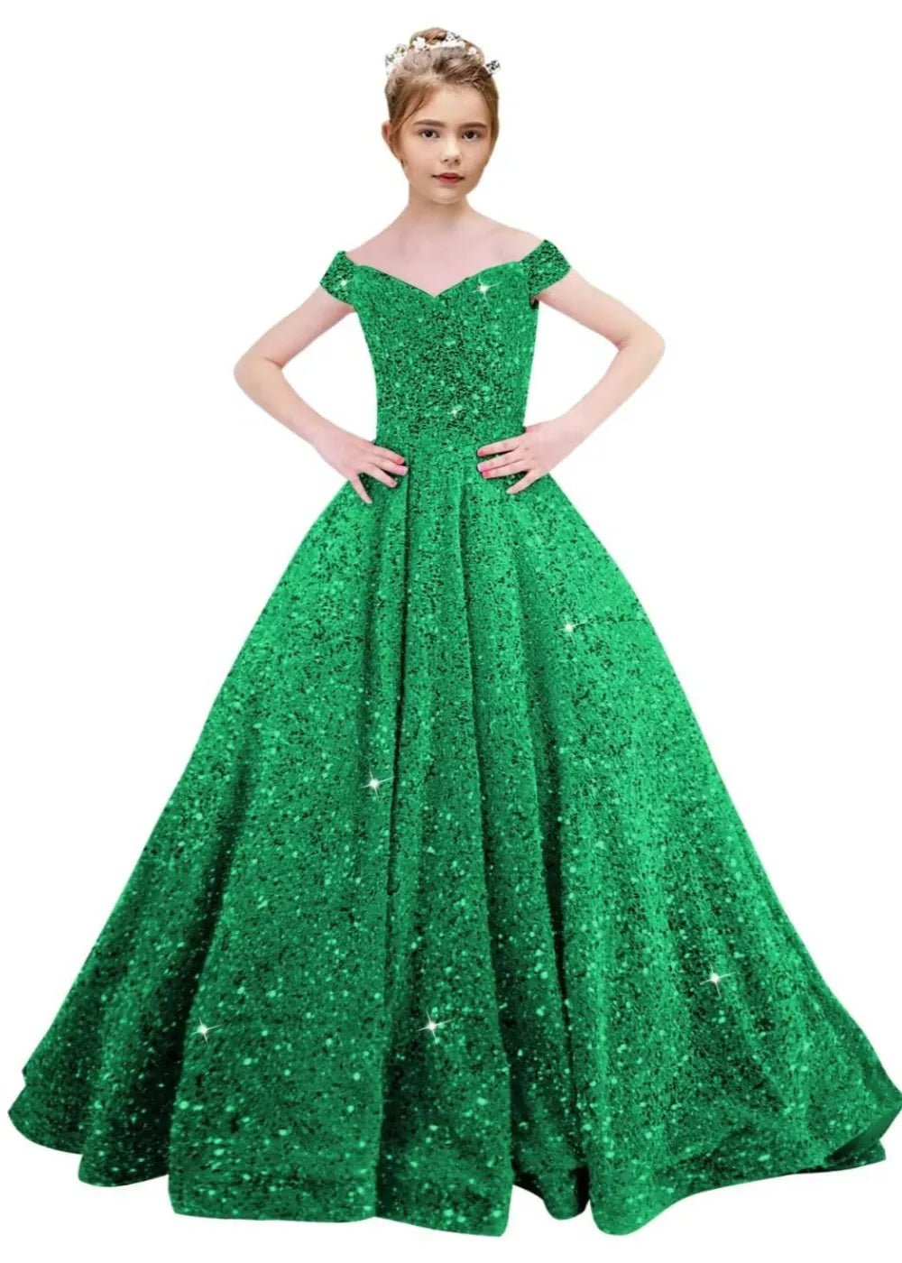 Girls Off Shoulder Sequin Ball Gown Pageant Dress