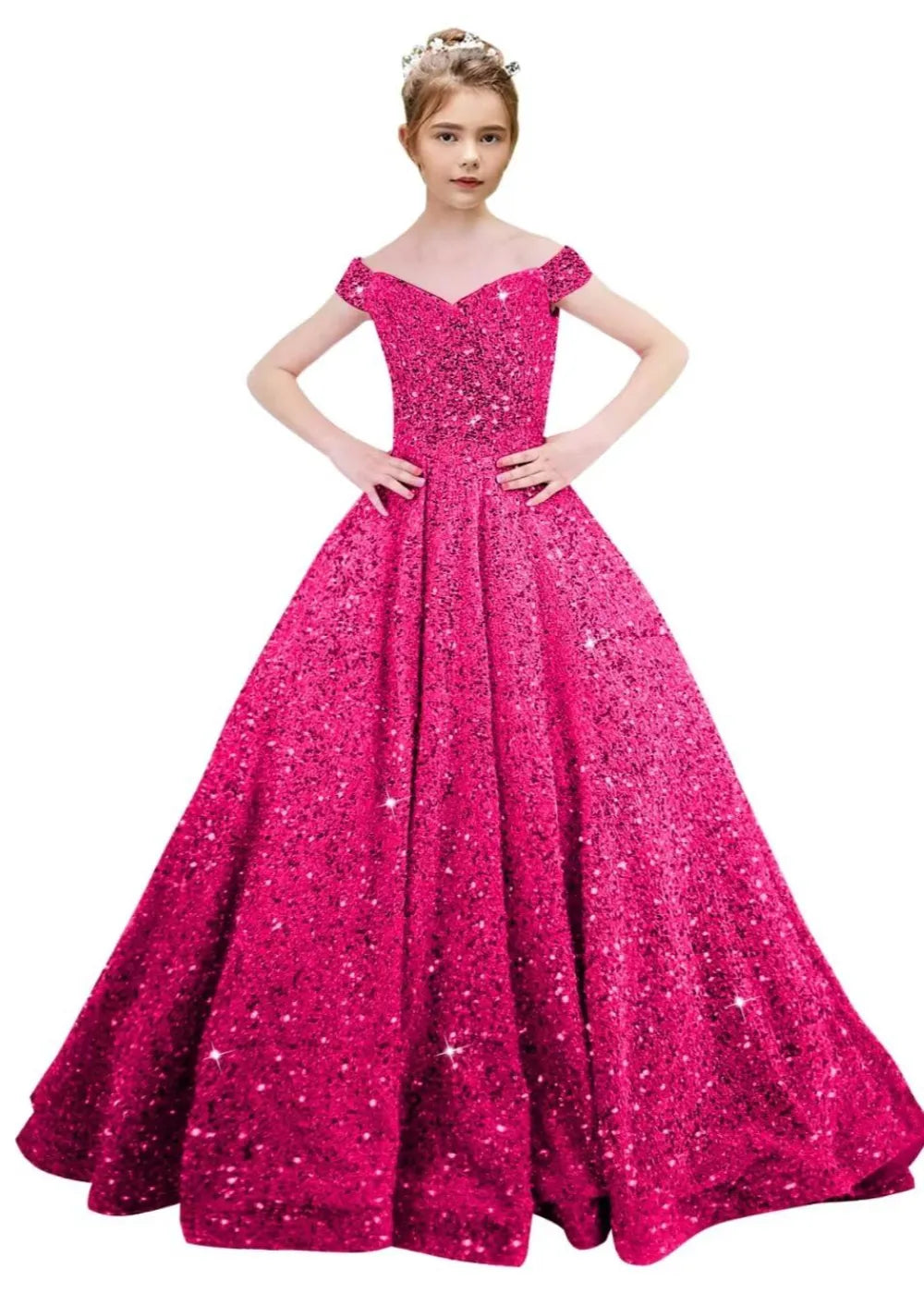Girls Off Shoulder Sequin Ball Gown Pageant Dress