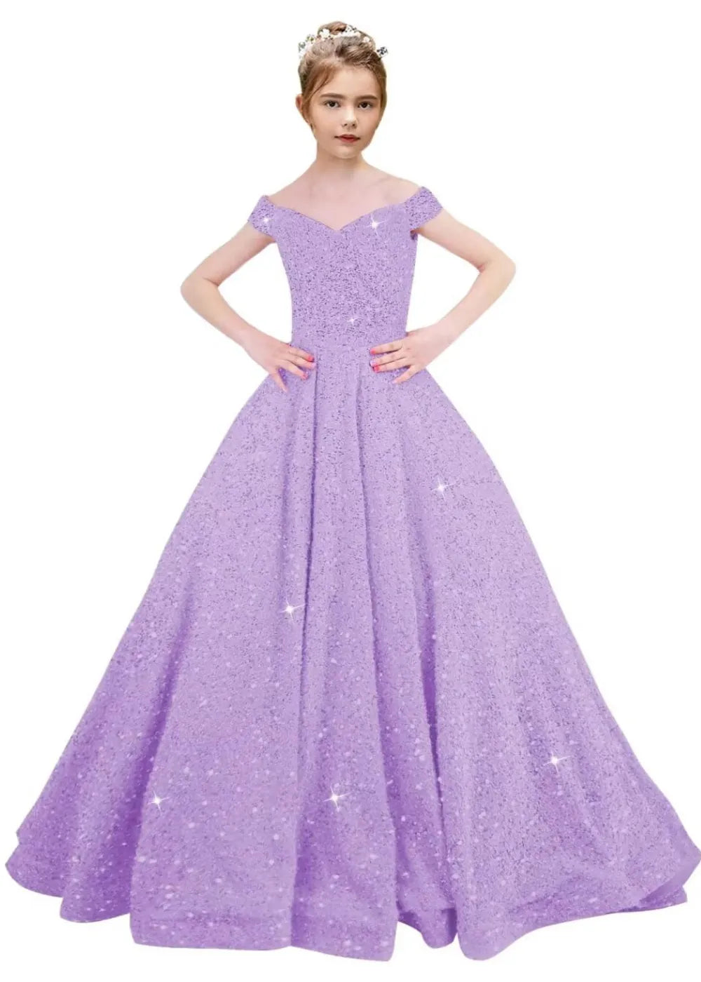 Girls Off Shoulder Sequin Ball Gown Pageant Dress