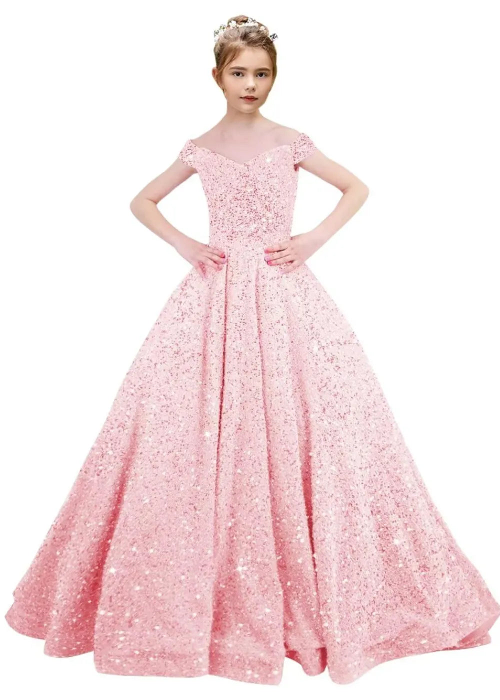 Girls Off Shoulder Sequin Ball Gown Pageant Dress