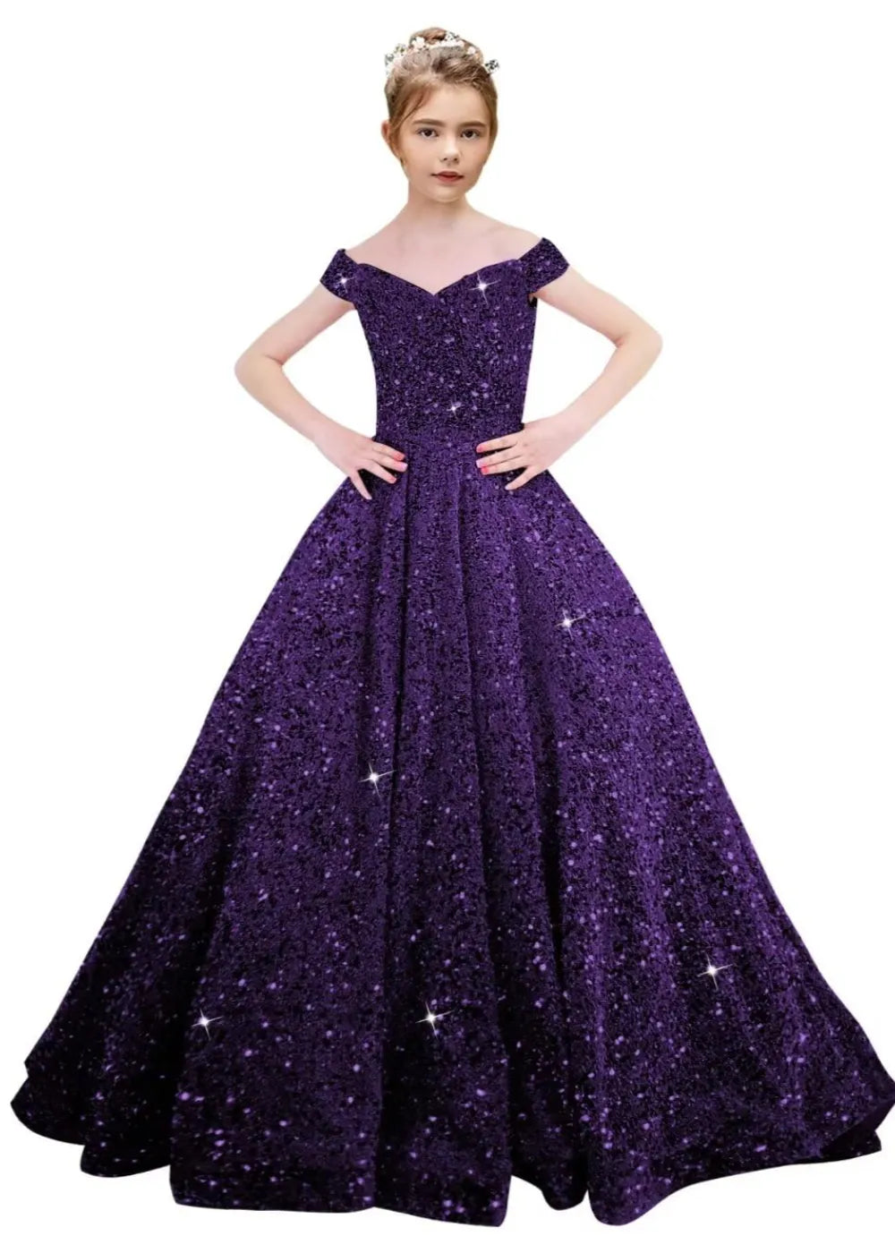 Girls Off Shoulder Sequin Ball Gown Pageant Dress