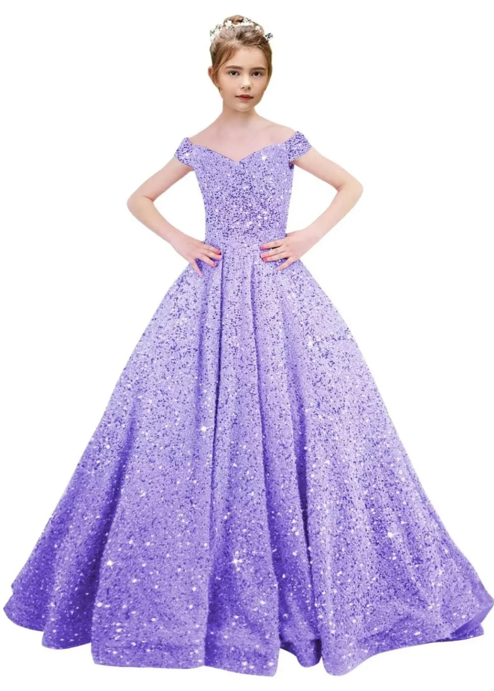 Girls Off Shoulder Sequin Ball Gown Pageant Dress