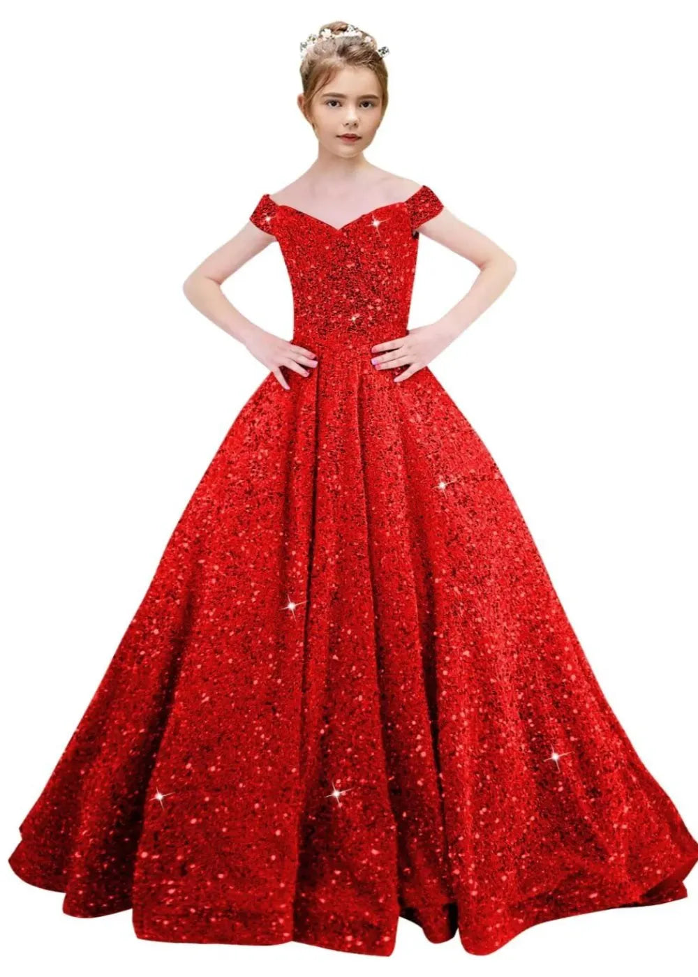 Girls Off Shoulder Sequin Ball Gown Pageant Dress