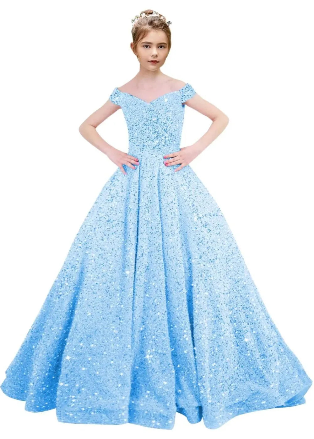 Girls Off Shoulder Sequin Ball Gown Pageant Dress