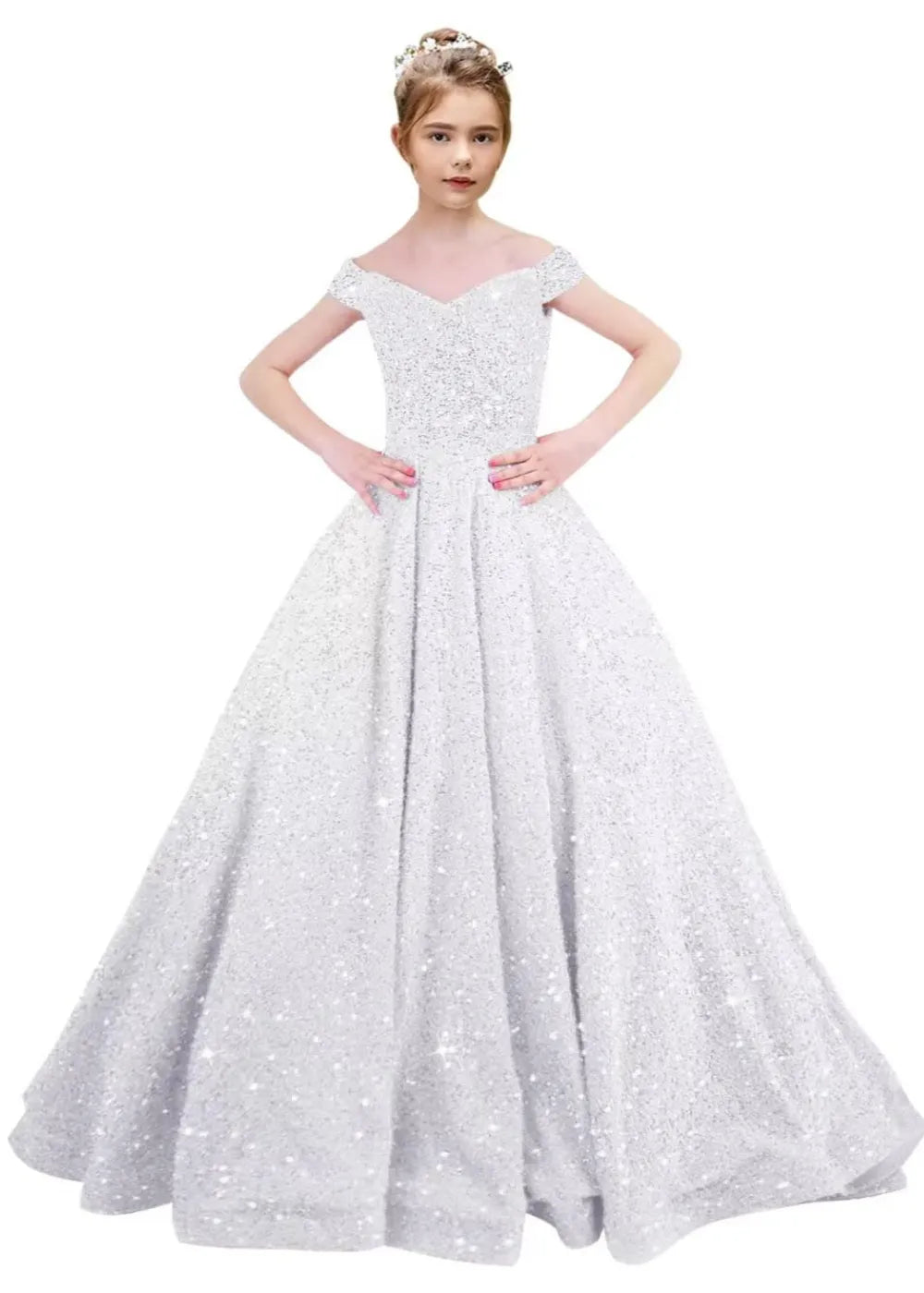 Girls Off Shoulder Sequin Ball Gown Pageant Dress