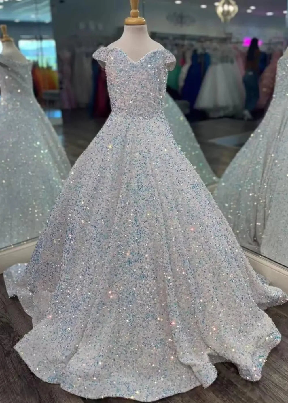 Girls Off Shoulder Sequin Ball Gown Pageant Dress