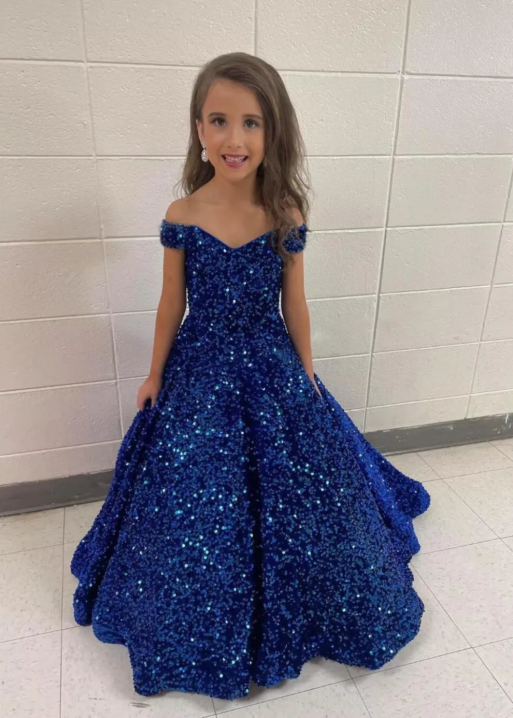 Girls Off Shoulder Sequin Ball Gown Pageant Dress