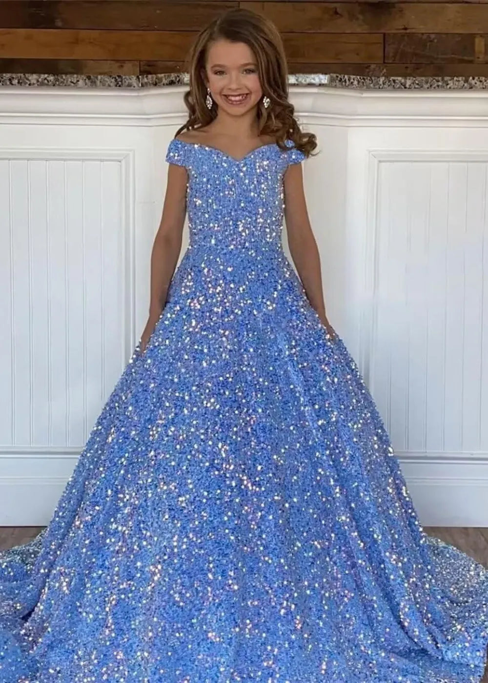 Girls Off Shoulder Sequin Ball Gown Pageant Dress