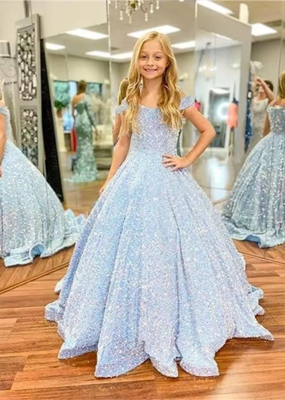 Girls Off Shoulder Sequin Ball Gown Pageant Dress
