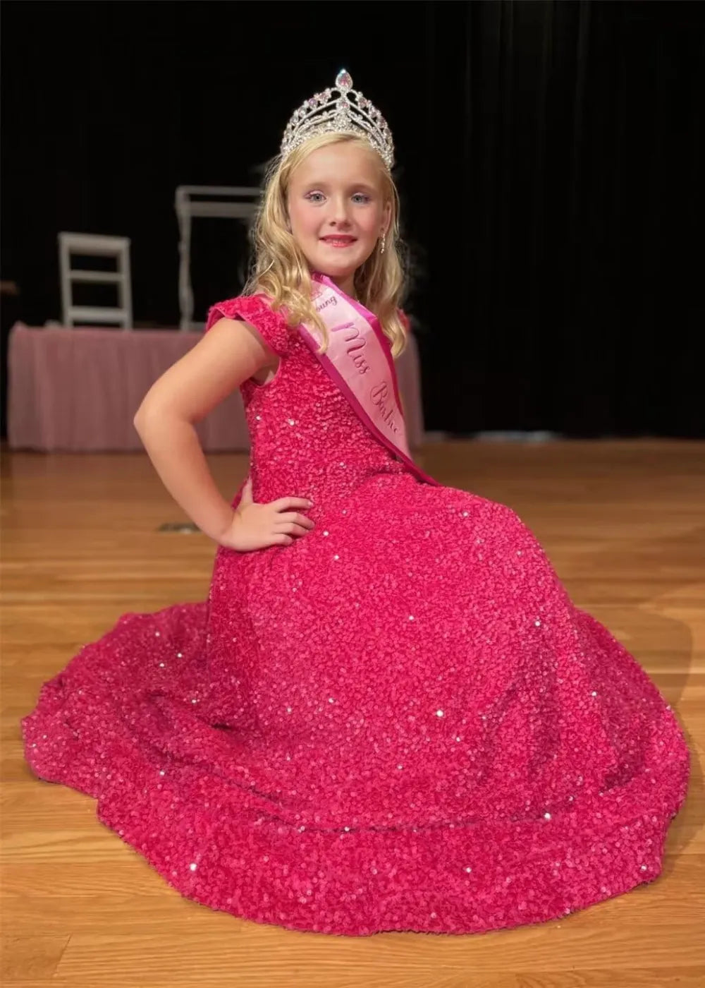 Girls Off Shoulder Sequin Ball Gown Pageant Dress
