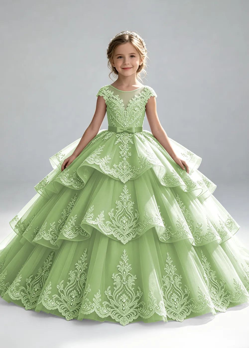 Scalloped Lace Junior Bridesmaid Ball Gown