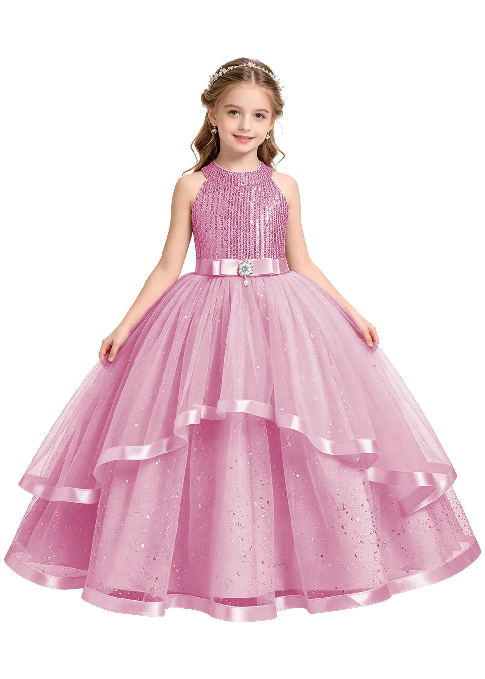 Elegant Glitter Tulle Girls Pageant Gown