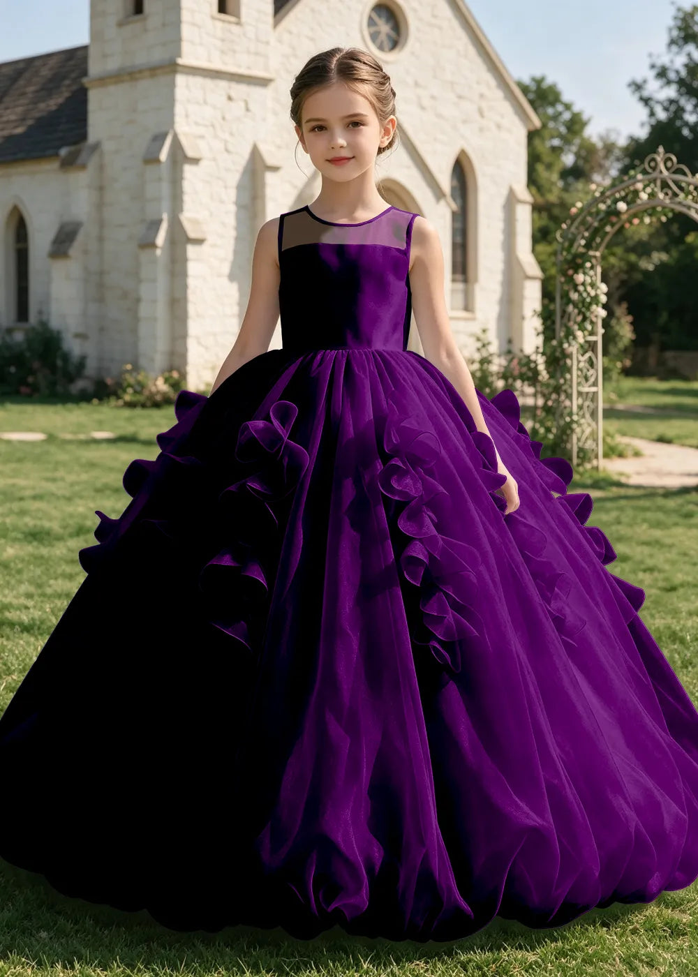 Illusion Neck Ruffle Organza Princess Ball Gown