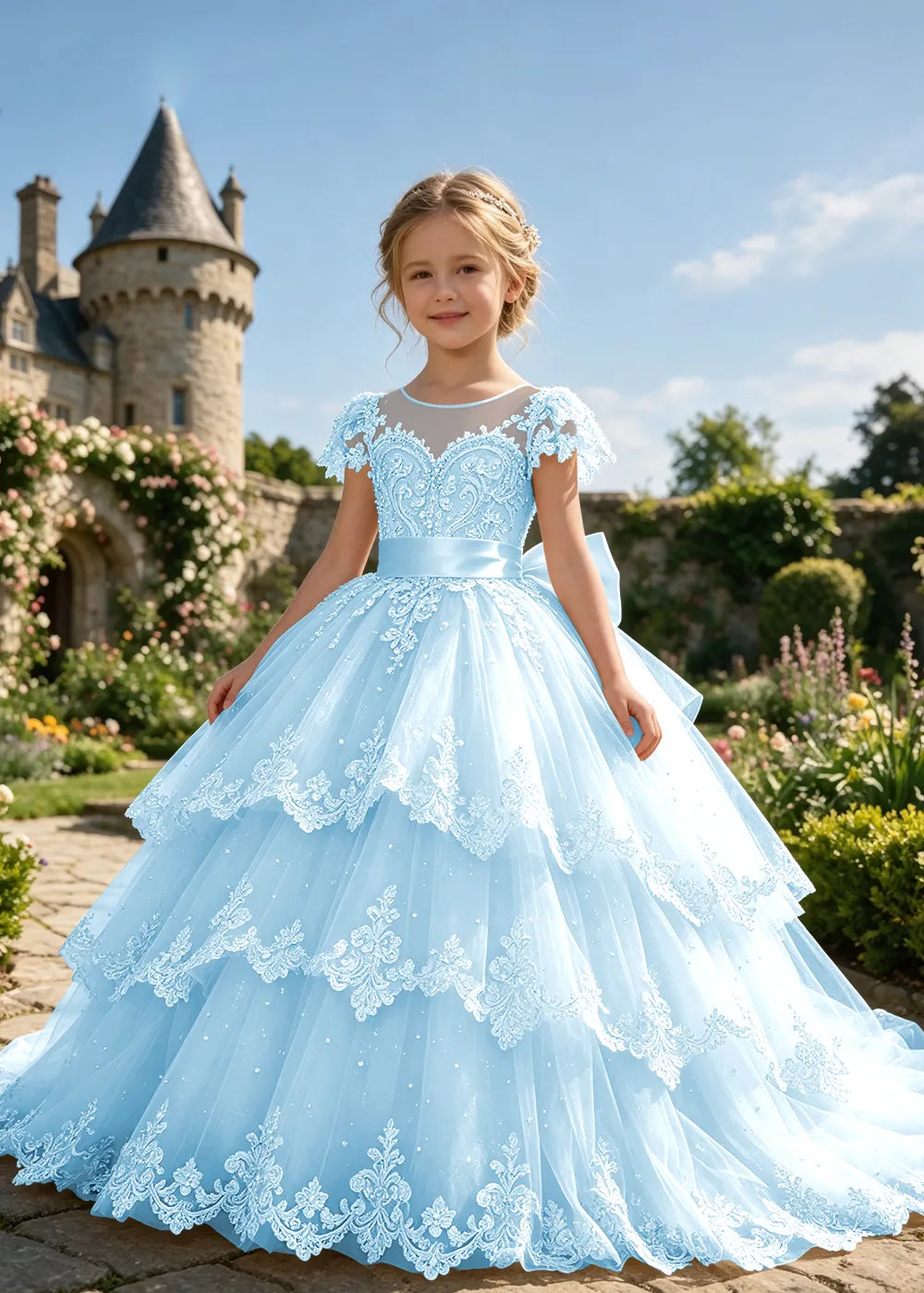 Tiered Lace Flower Girl Ball Gown with Satin Bow