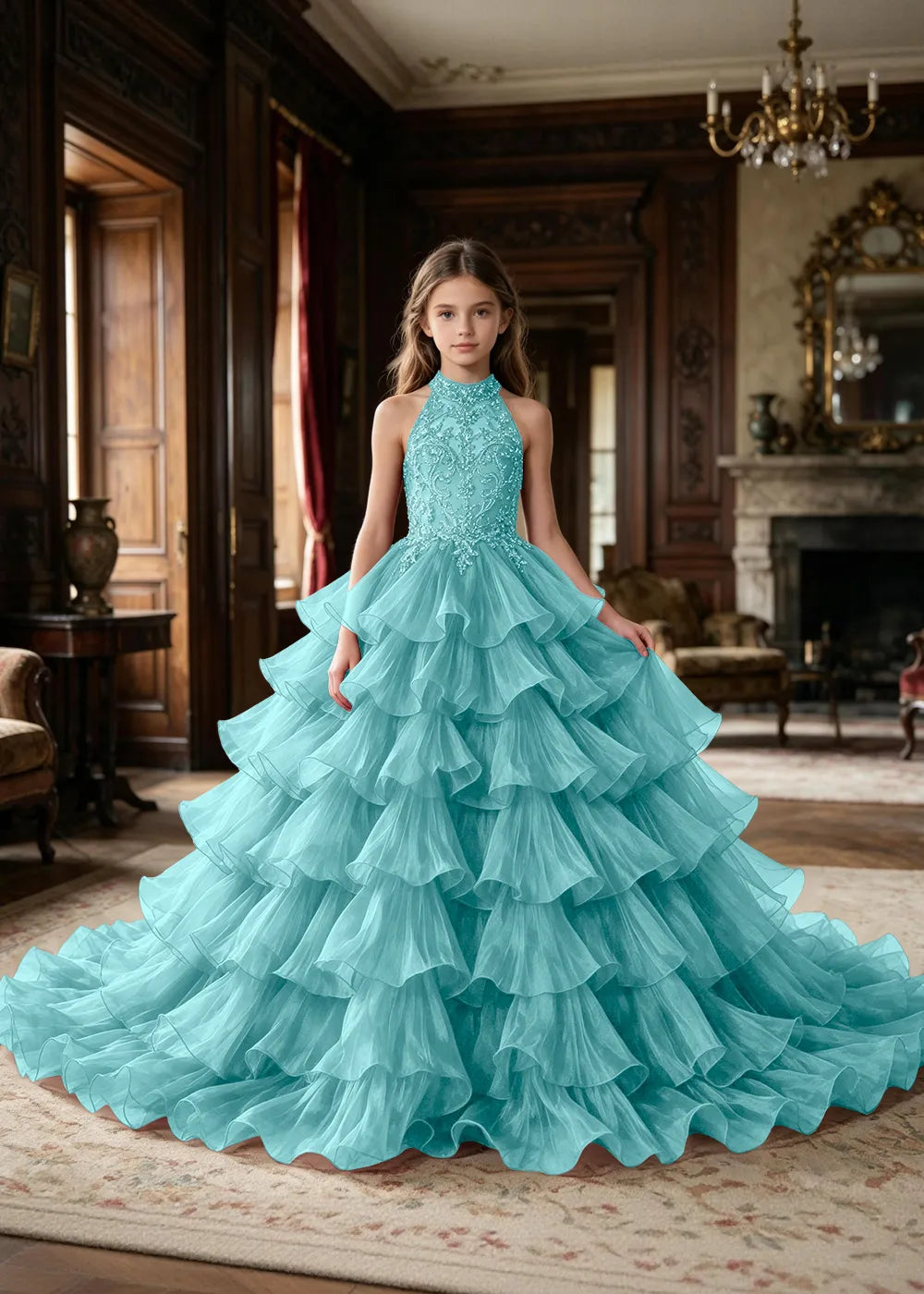 Halter Ruffle Tulle Pageant Ball Gown for Girls