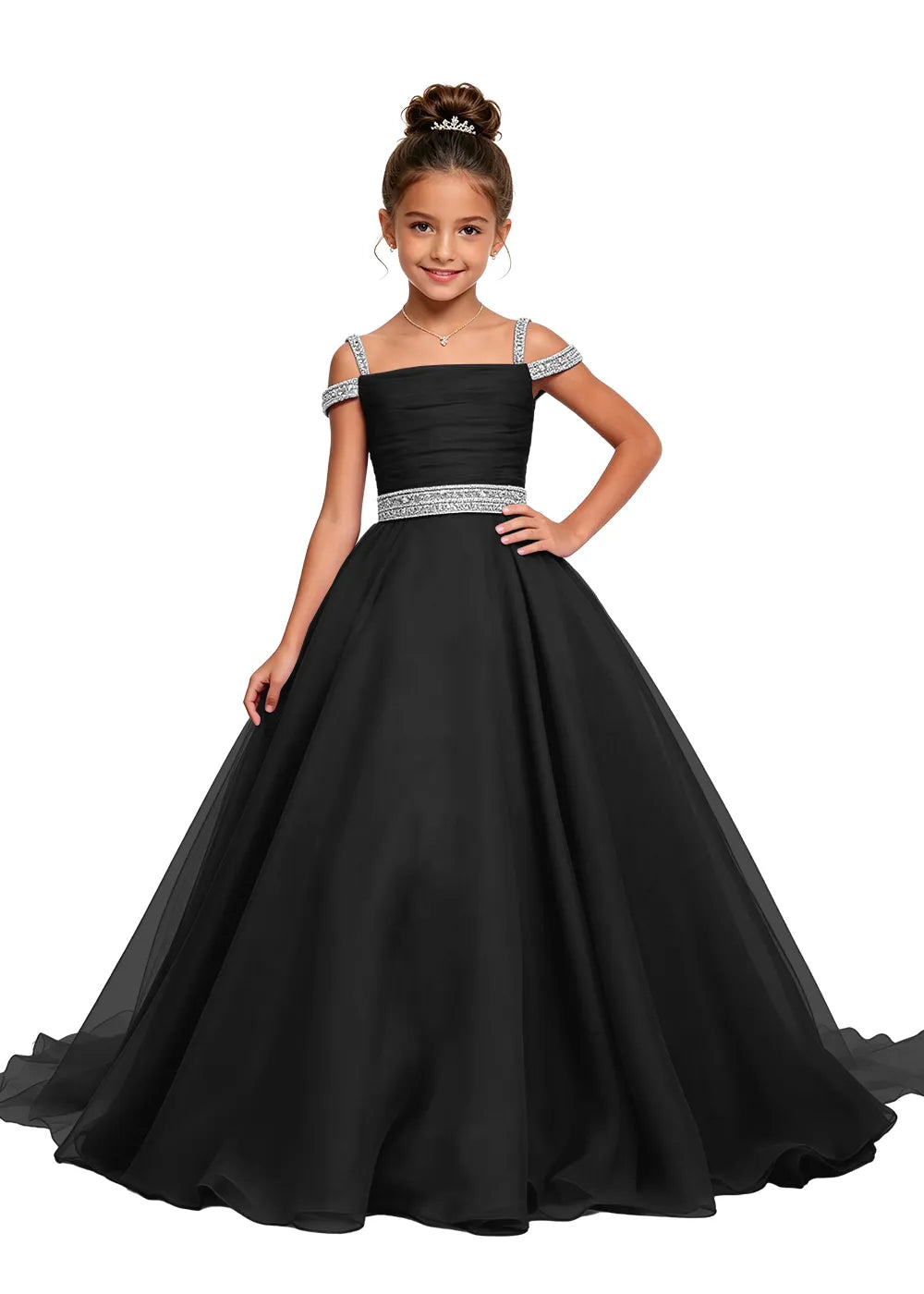 Off-Shoulder Satin Tulle Flower Girl Gown