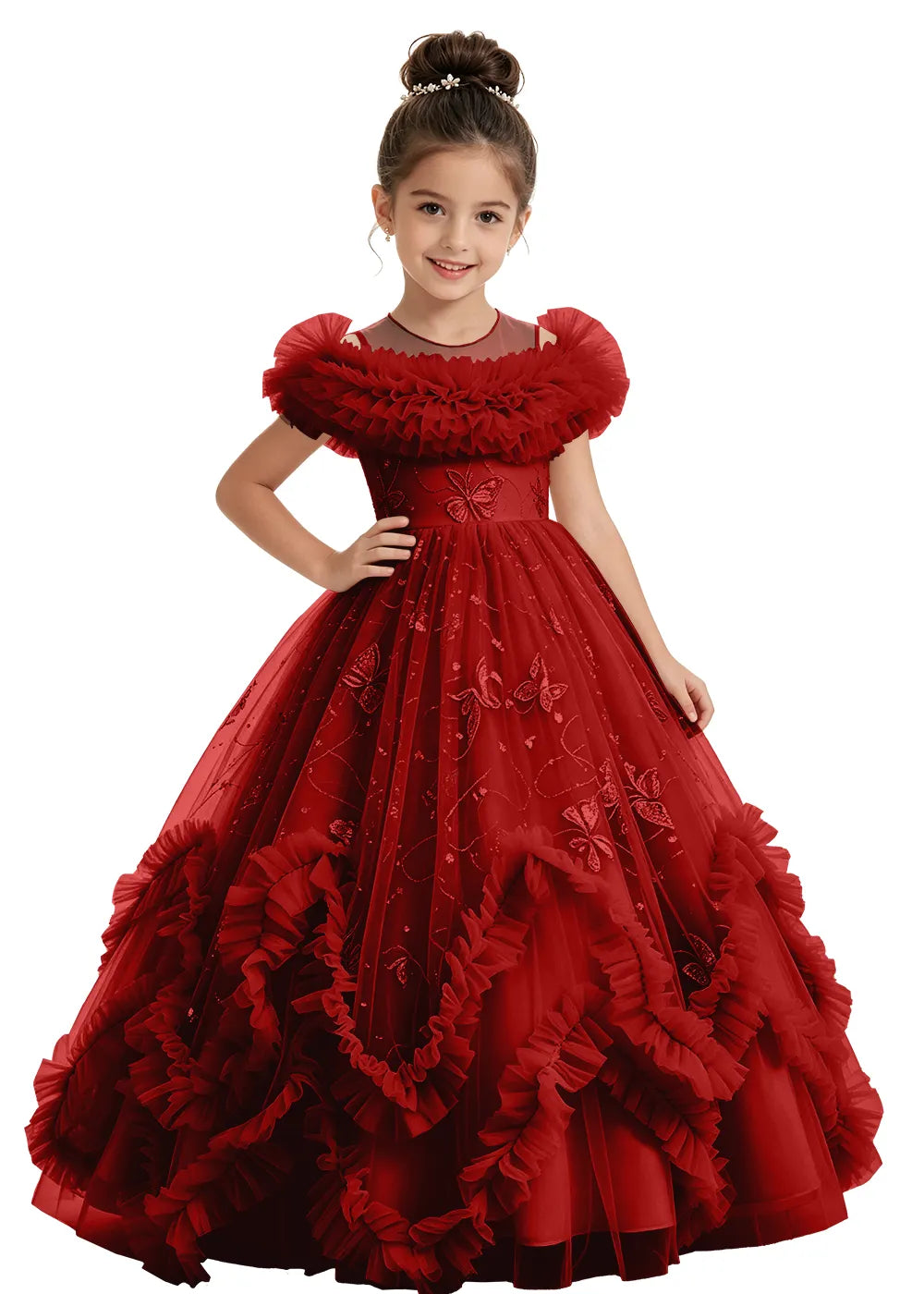 Illusion Neck Butterfly Flower Girl Dress