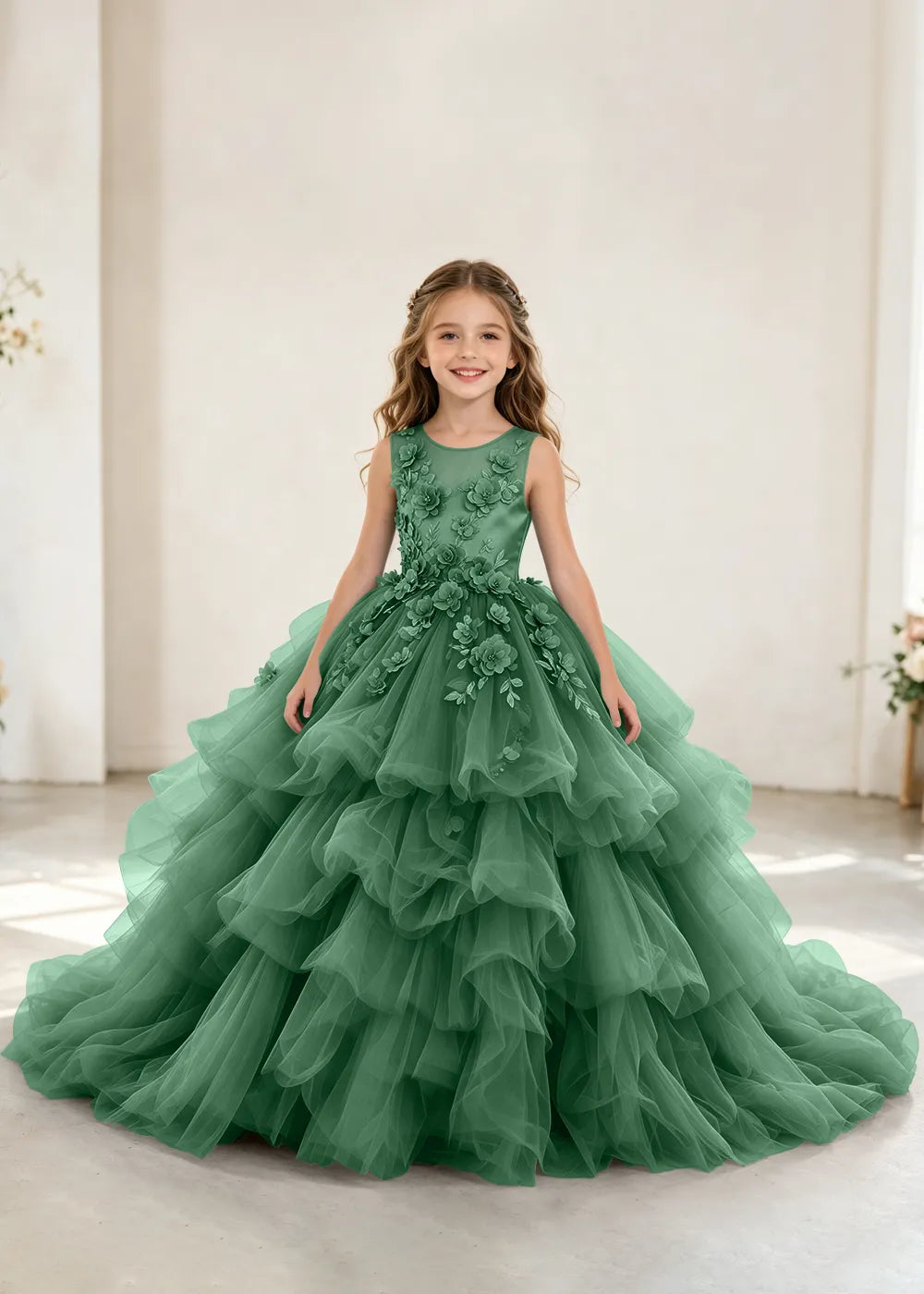Luxury Layered Tulle Princess Dress with Floral Appliques
