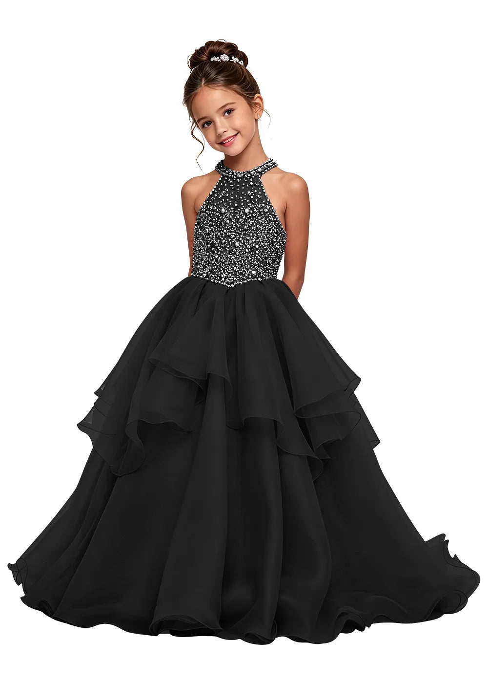 Beaded Halter Tiered Girls Pageant Dress