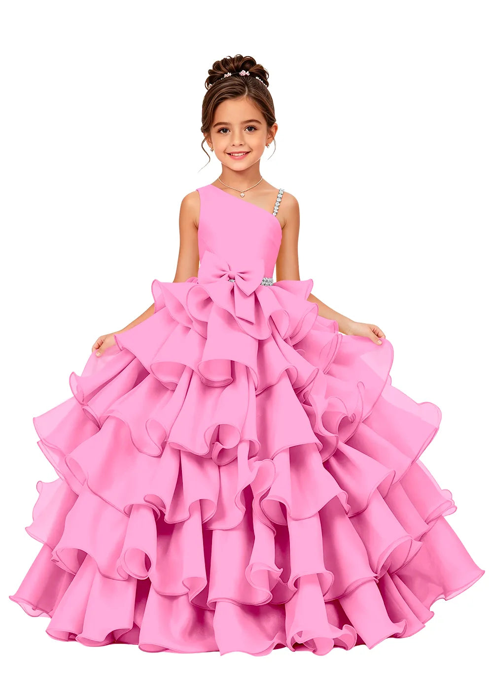 Jeweled Strap Bow-Waist Organza Princess Gown