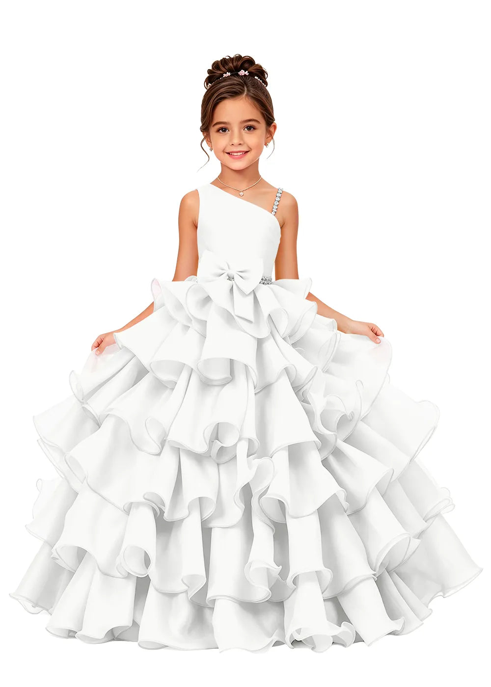 Jeweled Strap Bow-Waist Organza Princess Gown