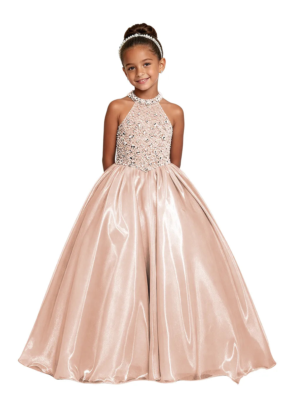 Jeweled Halter Satin Girls Ball Gown