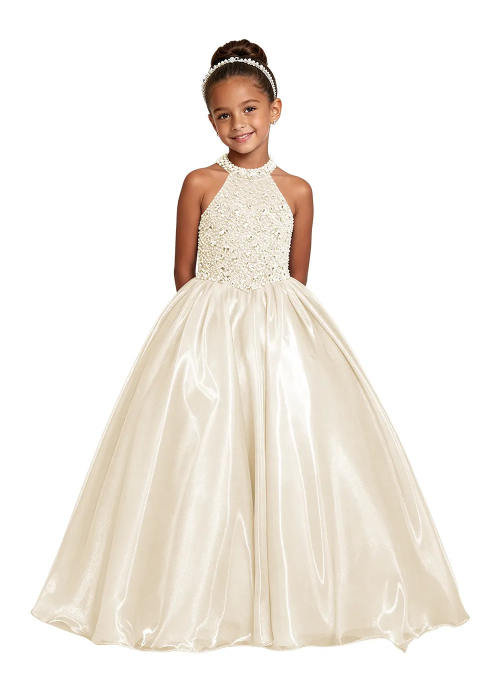 Jeweled Halter Satin Girls Ball Gown