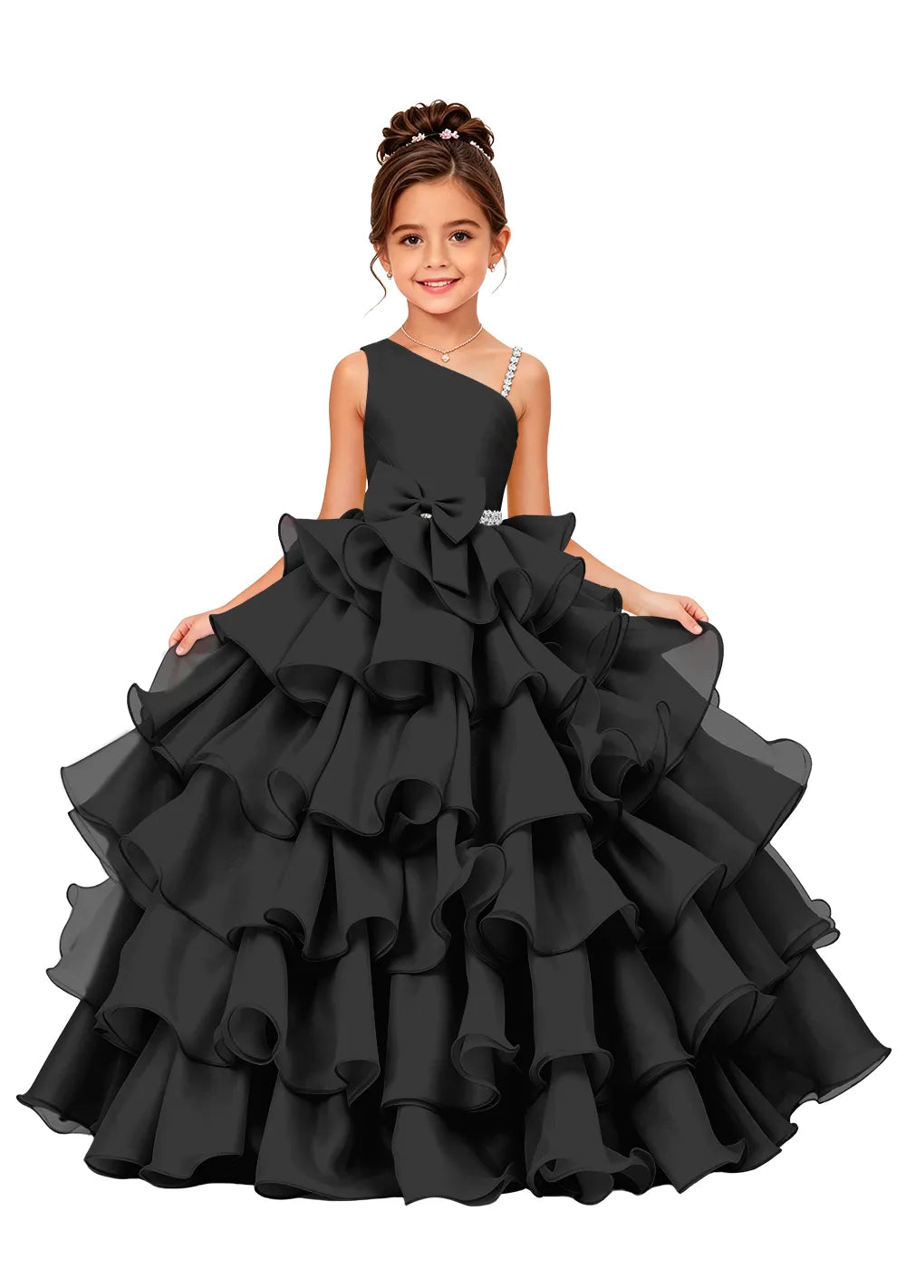 Jeweled Strap Bow-Waist Organza Princess Gown
