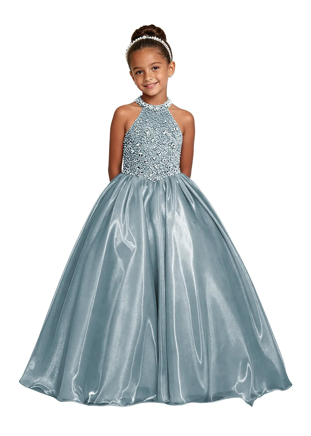Jeweled Halter Satin Girls Ball Gown