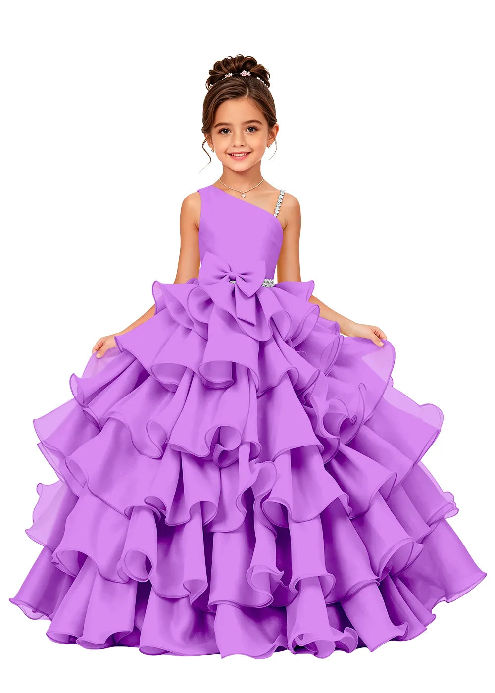 Jeweled Strap Bow-Waist Organza Princess Gown