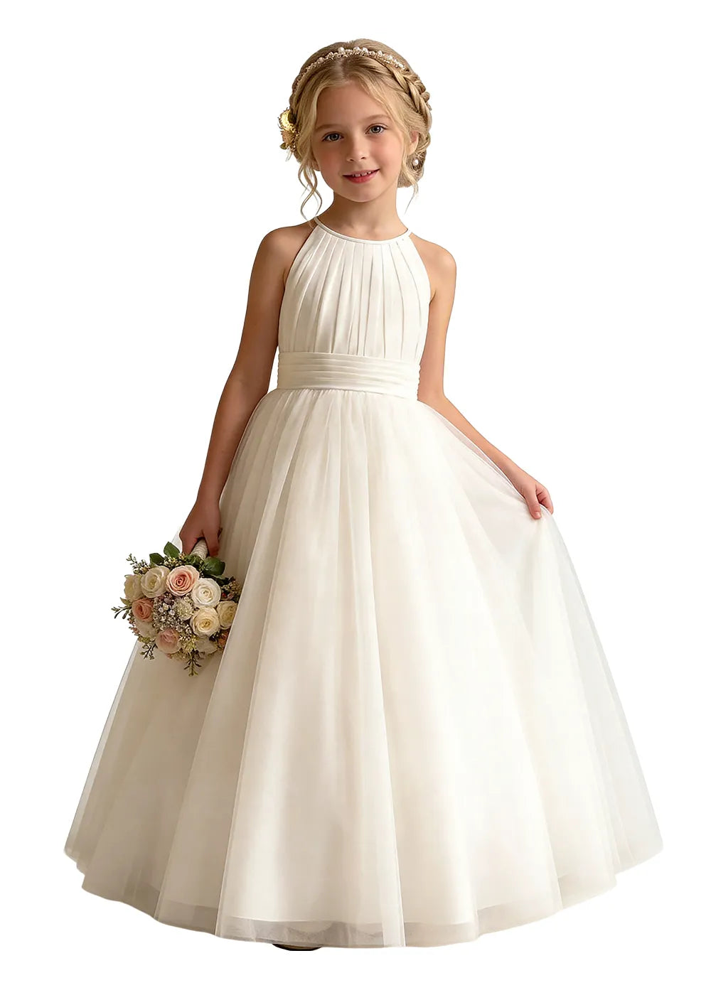 Pleated Halter Tulle A-Line Flower Girl Dress