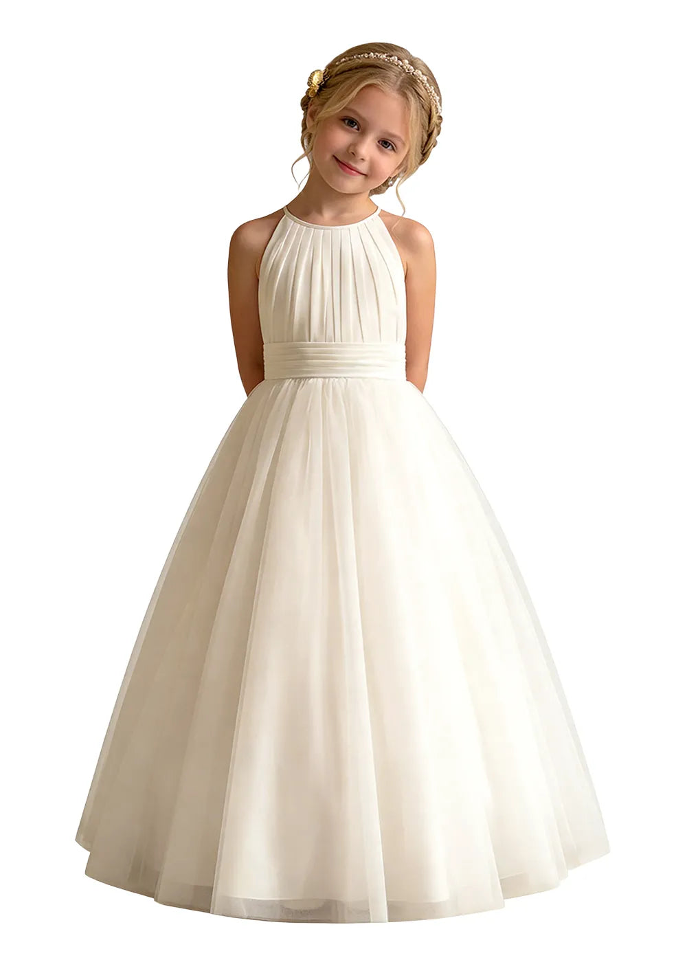 Pleated Halter Tulle A-Line Flower Girl Dress