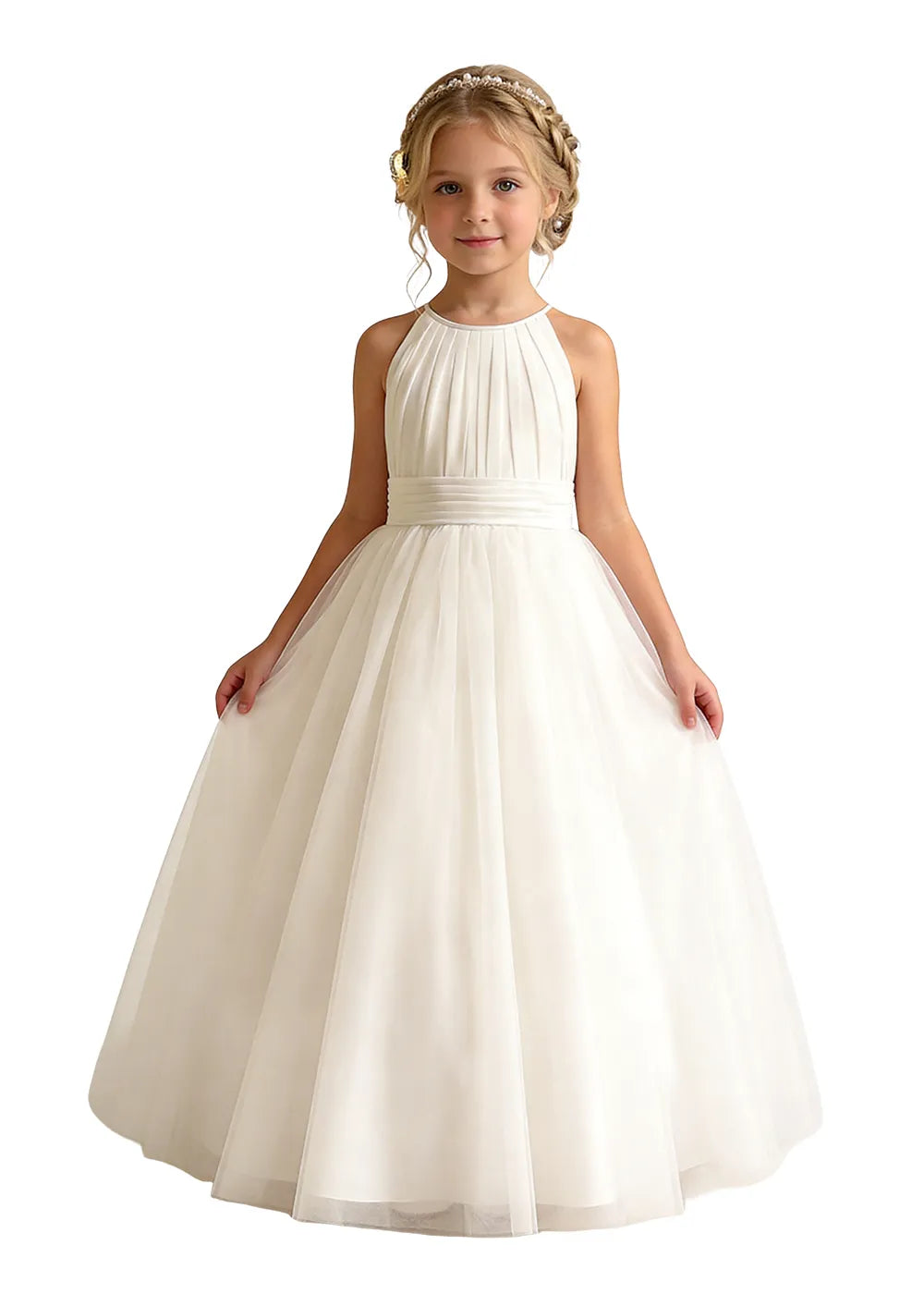 Pleated Halter Tulle A-Line Flower Girl Dress