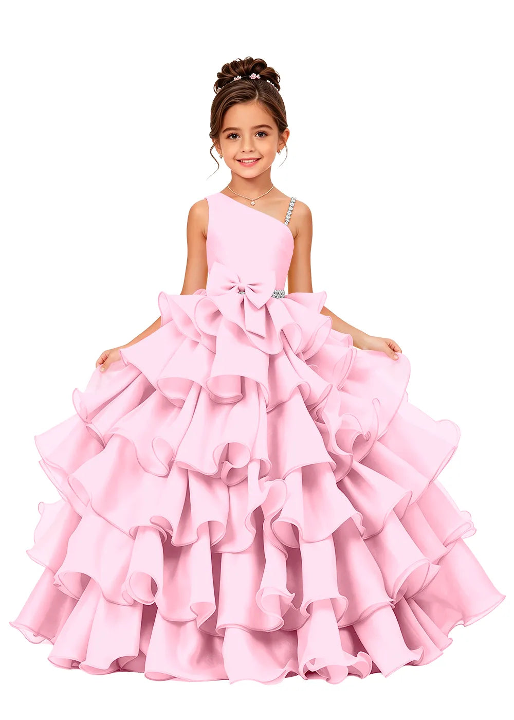 Jeweled Strap Bow-Waist Organza Princess Gown
