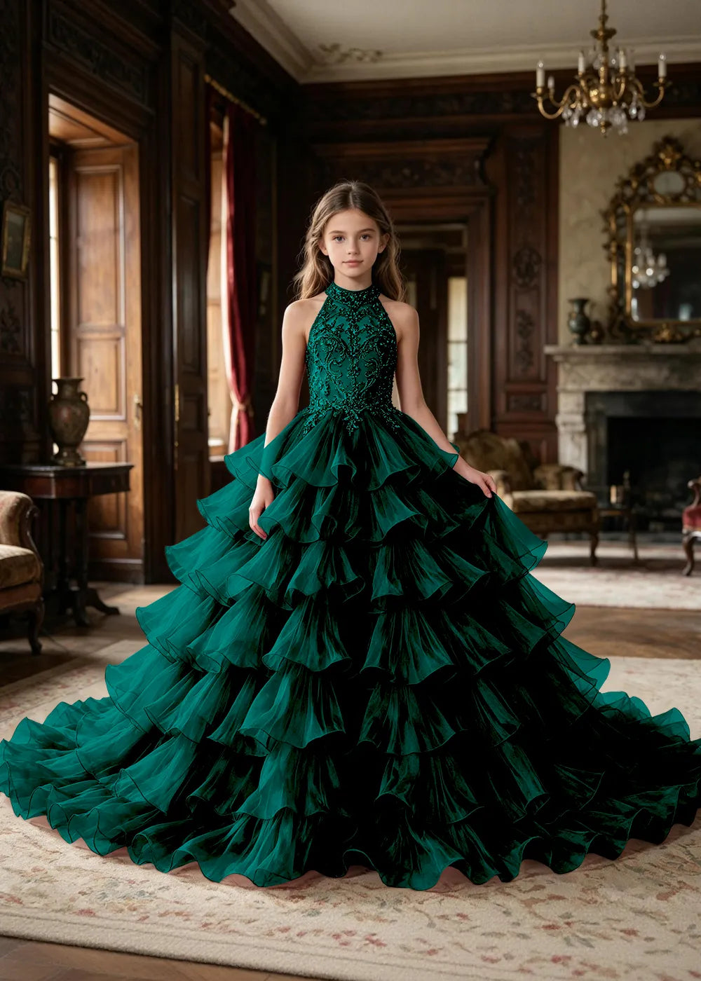 Halter Ruffle Tulle Pageant Ball Gown for Girls