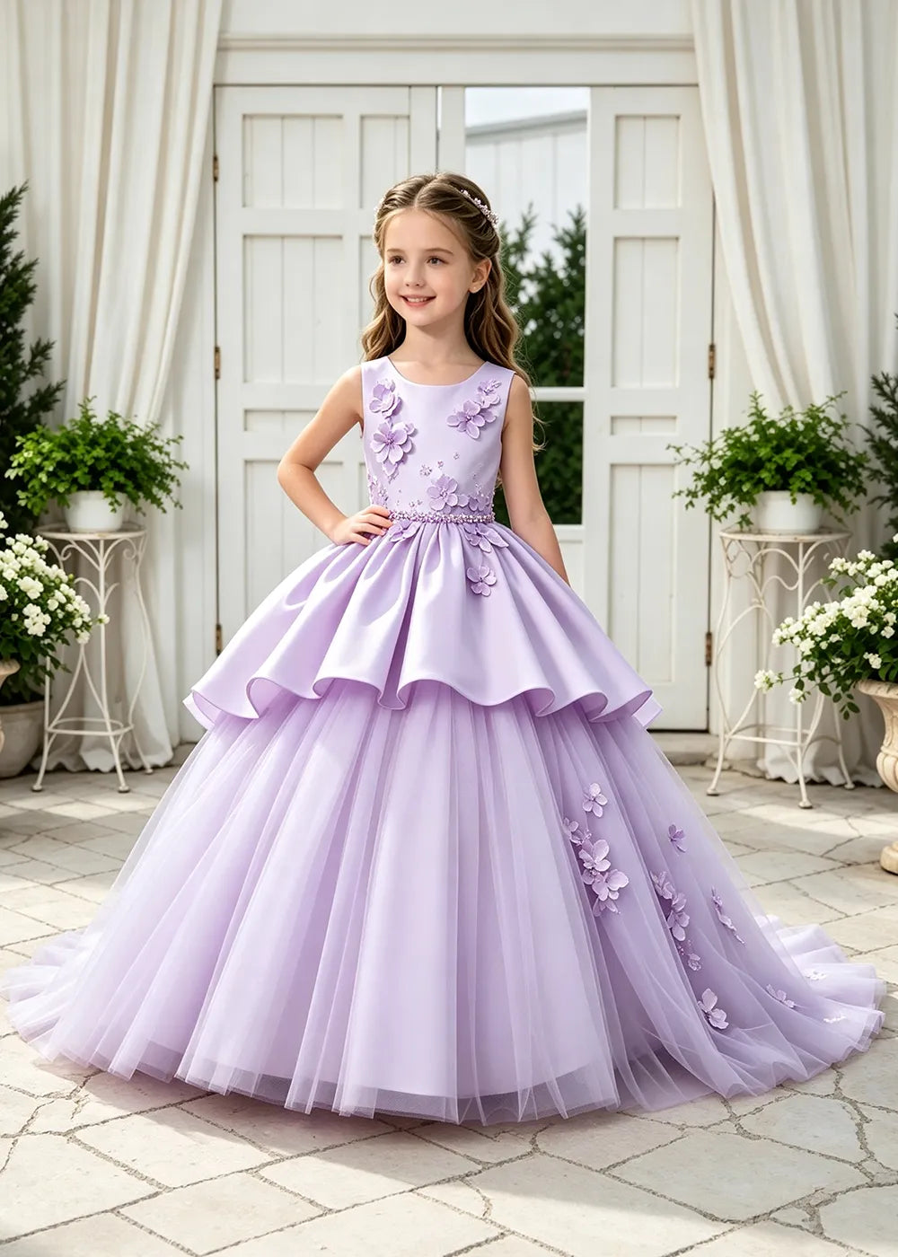 Girls Formal Gown with Sleeveless Bodice and Tulle Ball Skirt