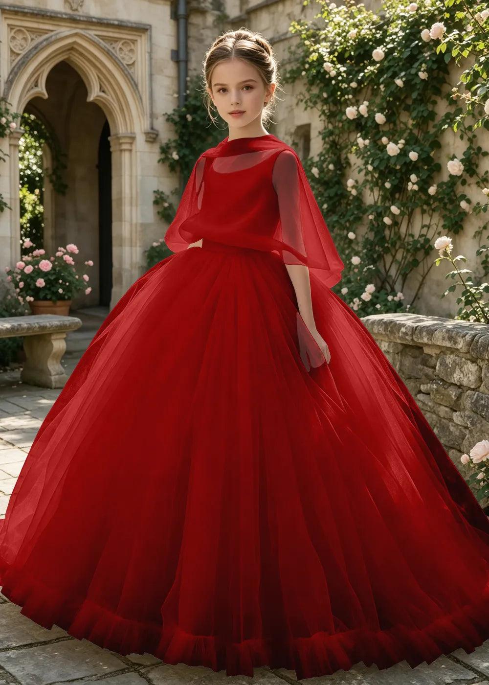 Sheer Cape Tulle Flower Girl Ball Gown