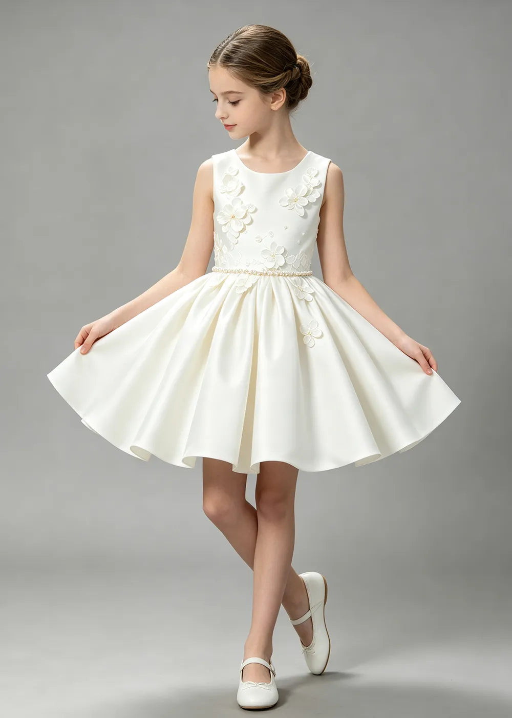 Floral Appliqué Satin First Communion Dress for Girls
