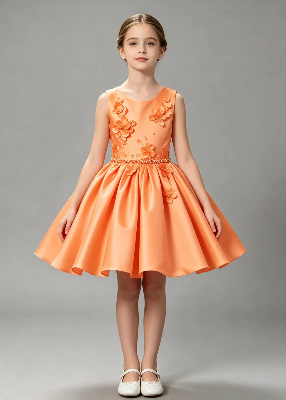 Floral Appliqué Satin First Communion Dress for Girls