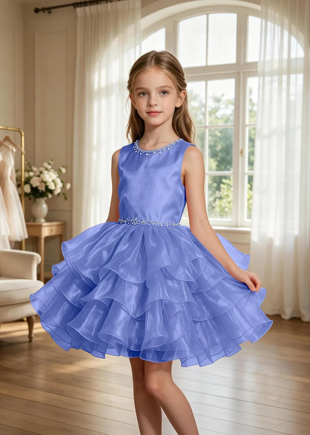 Jeweled Neck Tiered Tulle Party Dress for Girls
