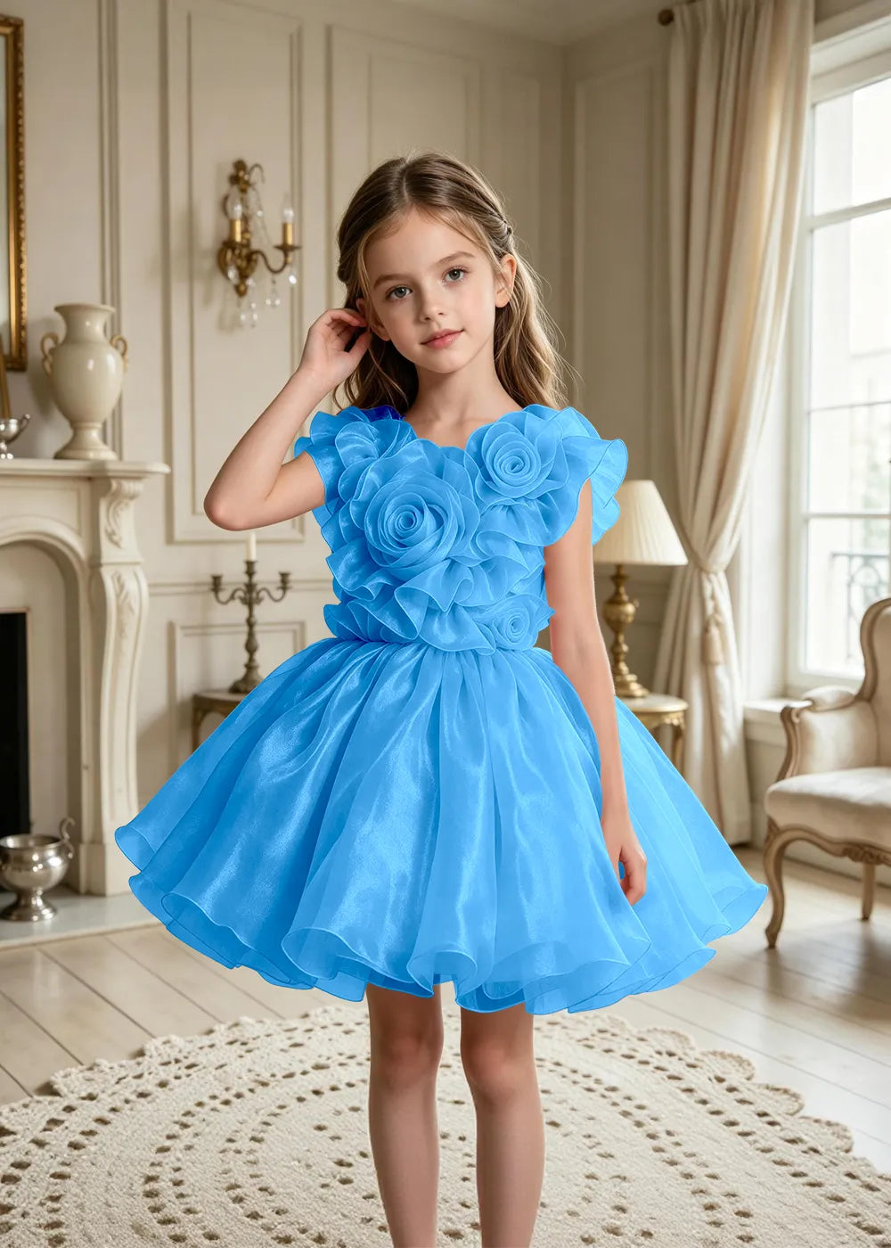 3D Rose Appliqué Tulle Party Dress for Girls