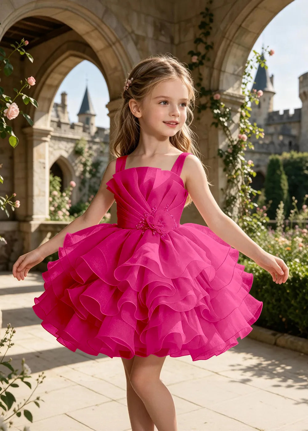 Sculpted Floral Ruffle Party Dress for Girls