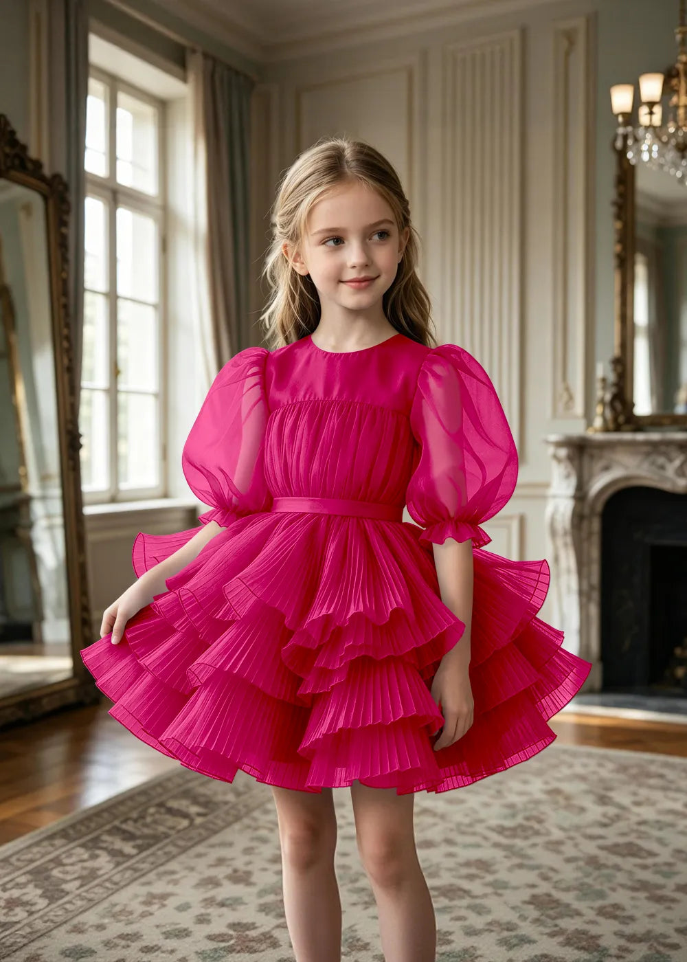 Pleated Puff Sleeve Tulle Party Dress for Girls