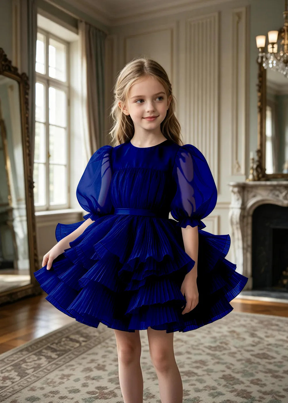 Pleated Puff Sleeve Tulle Party Dress for Girls
