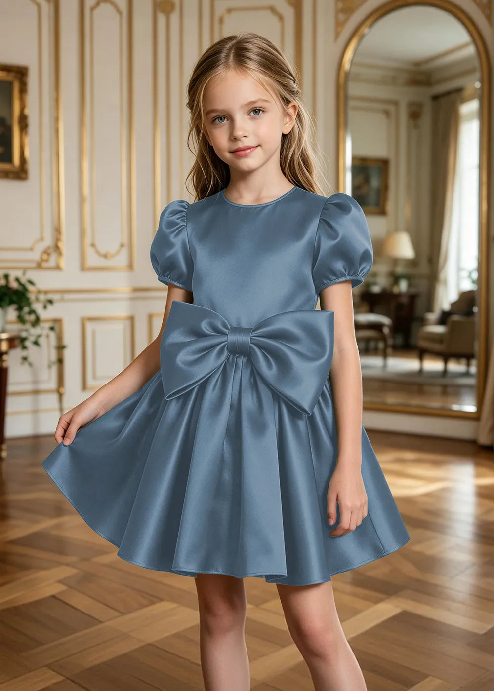 Aurelia Puff-Sleeve Satin Bow Party Dress