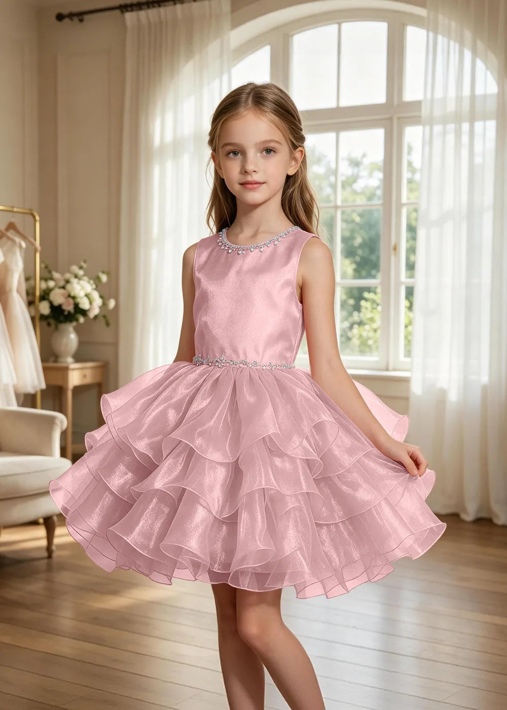 Jeweled Neck Tiered Tulle Party Dress for Girls