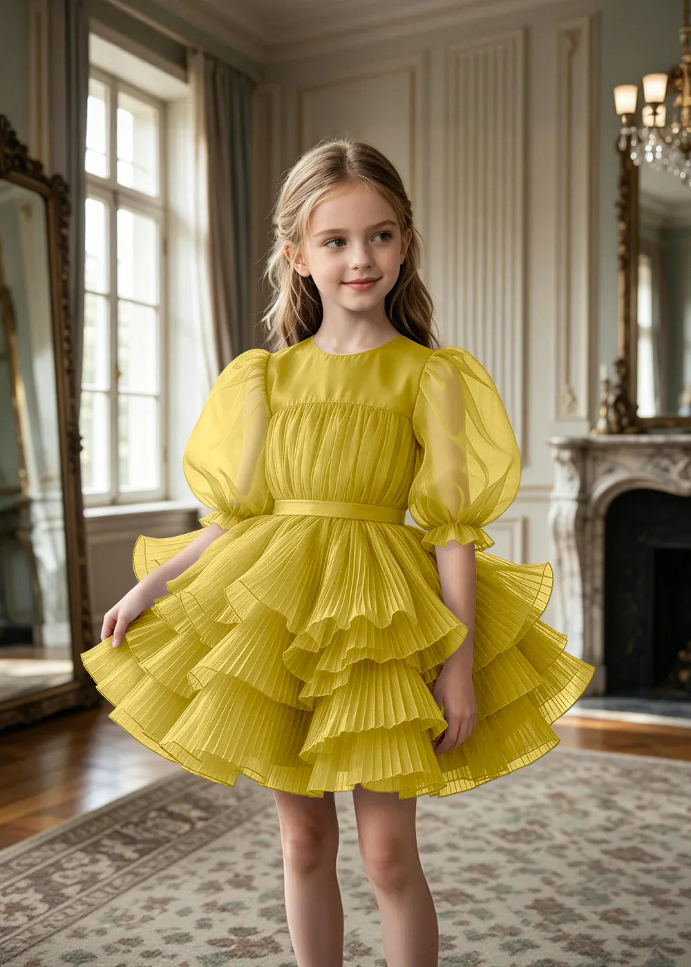 Pleated Puff Sleeve Tulle Party Dress for Girls